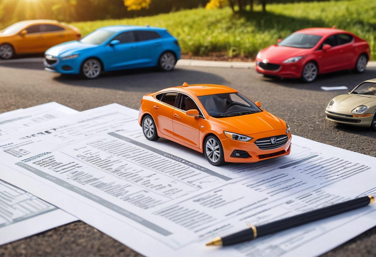 A visually engaging collage featuring a diverse group of people reviewing auto insurance documents, surrounded by symbols of savings like piggy banks and dollar signs. In the foreground, a sleek car embodies the insurance theme, while a scenic road inspires freedom and adventure. The background integrates elements of calculation and protection, like shields and graphs. A light, informative atmosphere enhances the theme of mastering auto insurance. vibrant colors. flat design.