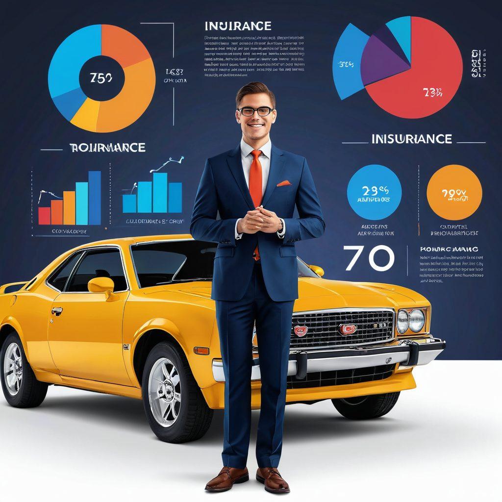 A professional looking car insurance advisor presenting multiple colorful charts and graphs about coverage and rates, with a sleek car in the background, surrounded by symbols of protection like shields and checkmarks. The scene conveys trust and clarity, inviting readers to engage with the content. vector art. vibrant colors. white background.