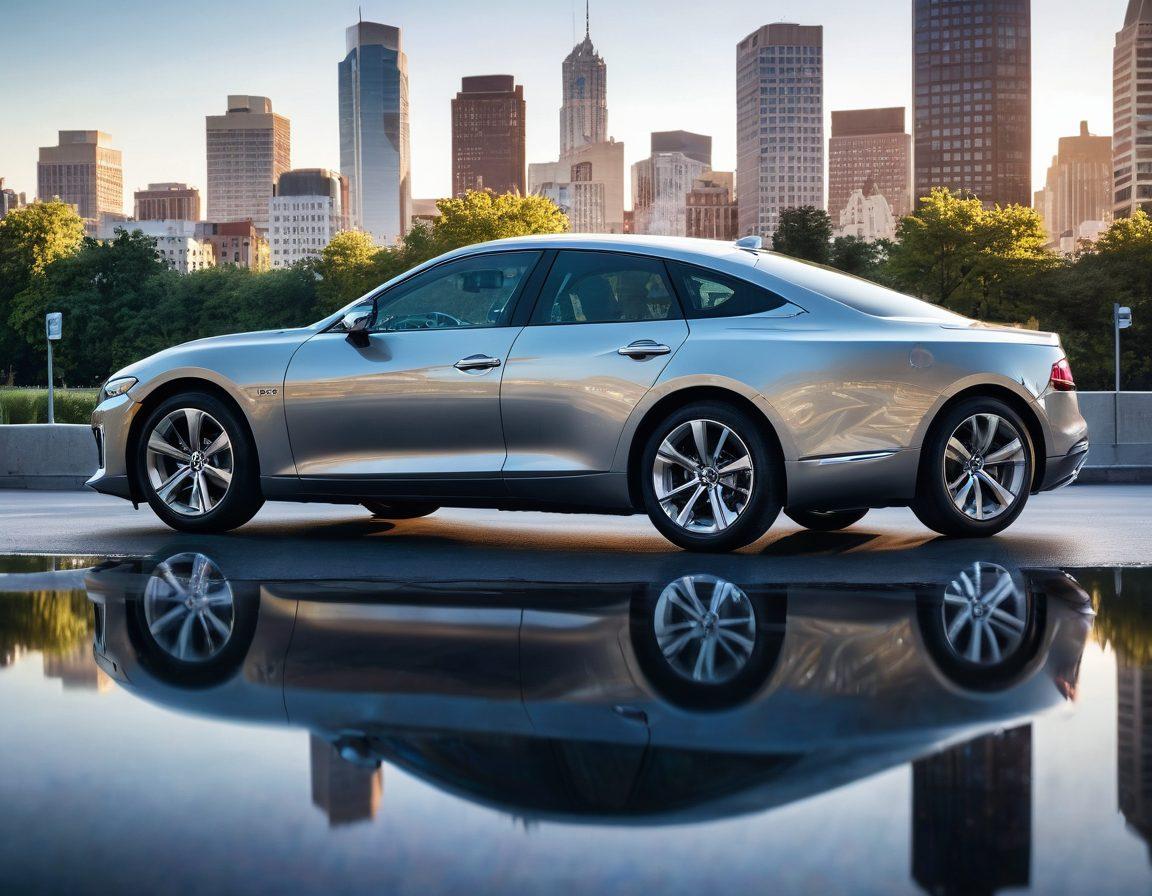 A close-up view of a car shielded under a protective bubble, surrounded by insurance policies and rate comparison charts floating around it. Bright sunlight reflects off the car's surface, highlighting its sleek design. In the background, a city skyline emerges, symbolizing security and freedom. The ambiance conveys trust and protection. super-realistic. vibrant colors.